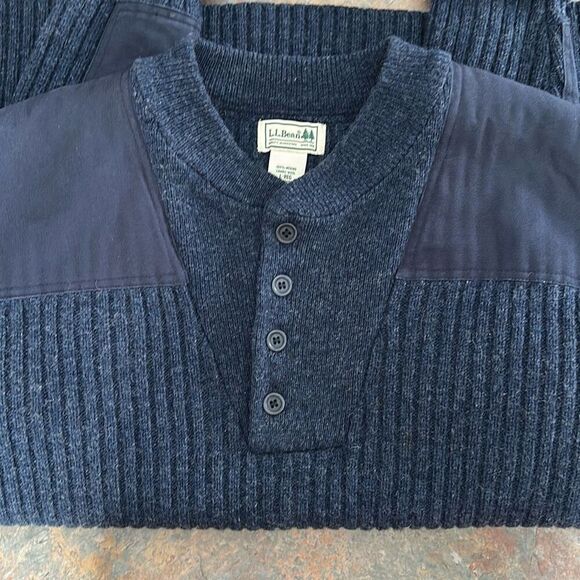 LL Bean Commando Wool Henley Blue Sweater Men’s Large - Picture 1 of 9